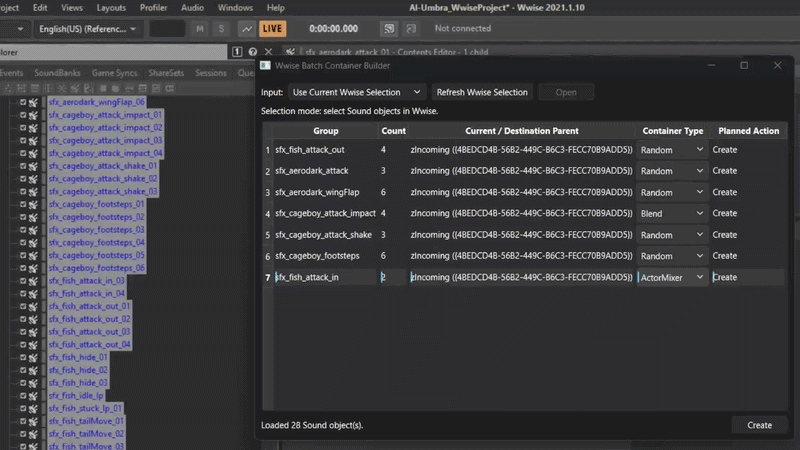 Preview of the Wwise Batch Container Builder interface