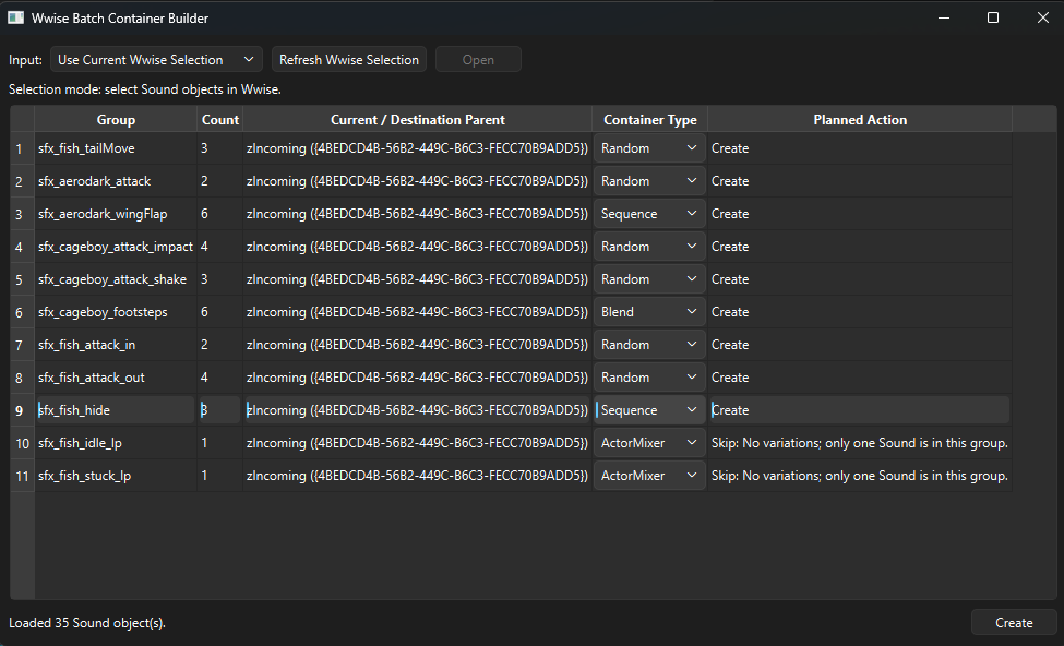 Wwise Batch Container Builder showing grouped sounds and planned container types
